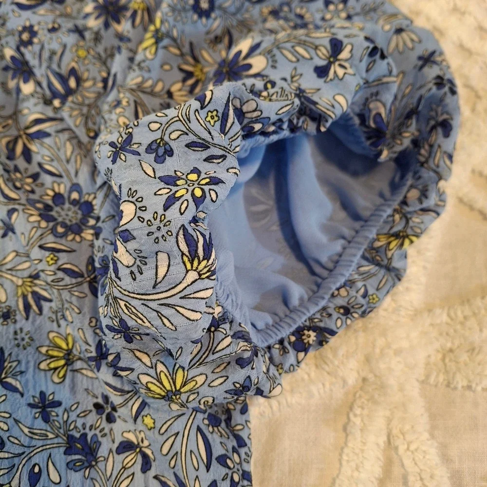 LOFT Blue Floral Smocked Neck Puff Sleeve Blouse Womens Large Lined Top